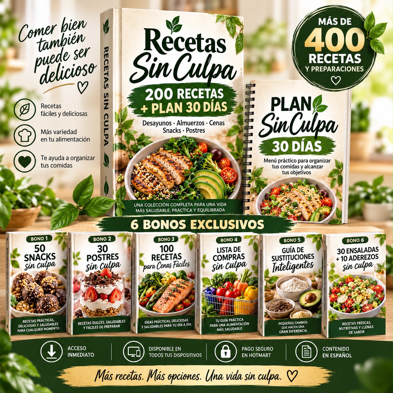 Recetas Sin Culpa con 200 recetas, Plan de 30 Días y 6 bonos exclusivos